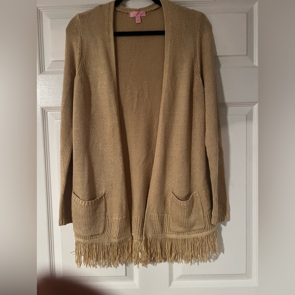 Lilly Pulitzer Tatum Long Fringe Hem Cardigan Sweater Gold Metallic